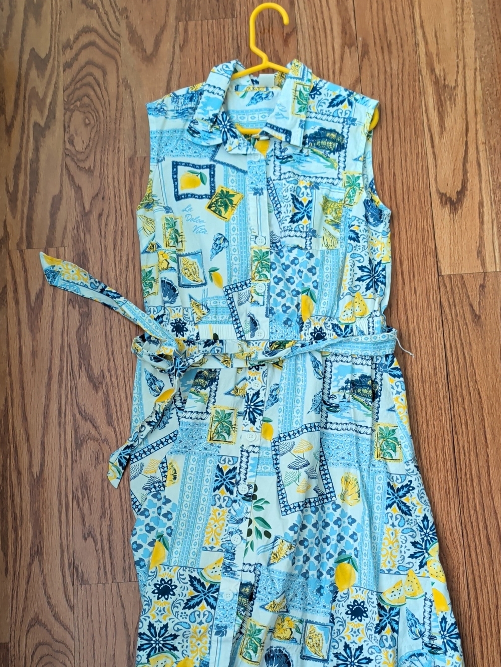 Sleeveless Blue & Yellow Patterned Kids Dress with Belt